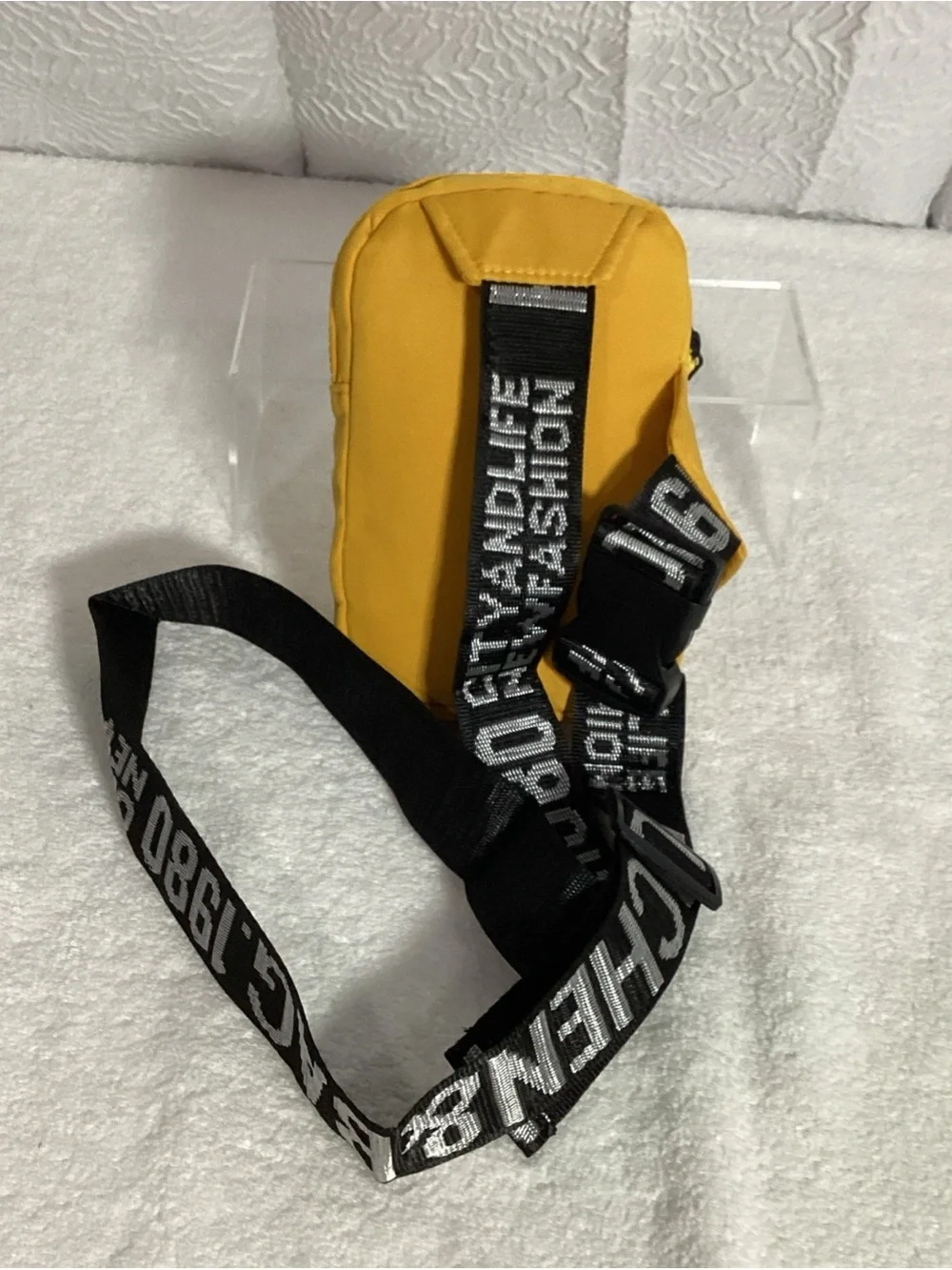 Monster Shark Face Graphic Yellow Nylon Fashion Crossbody Bag EUC Black Strap